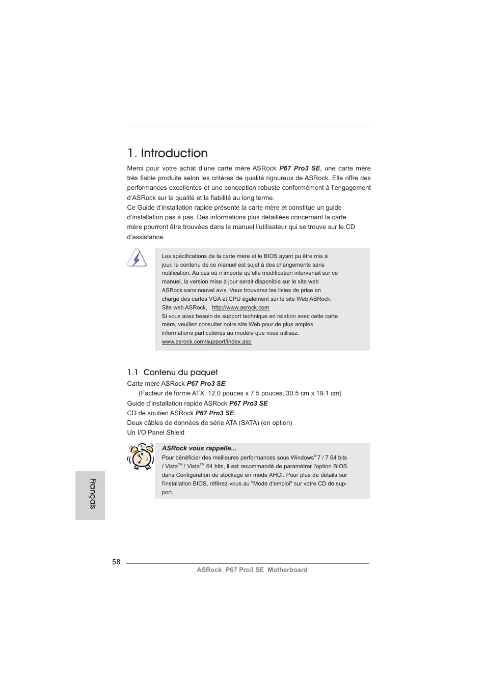French, Introduction, 1 contenu du paquet | Français | ASRock P67 Pro3 SE User Manual | Page 58 / 277