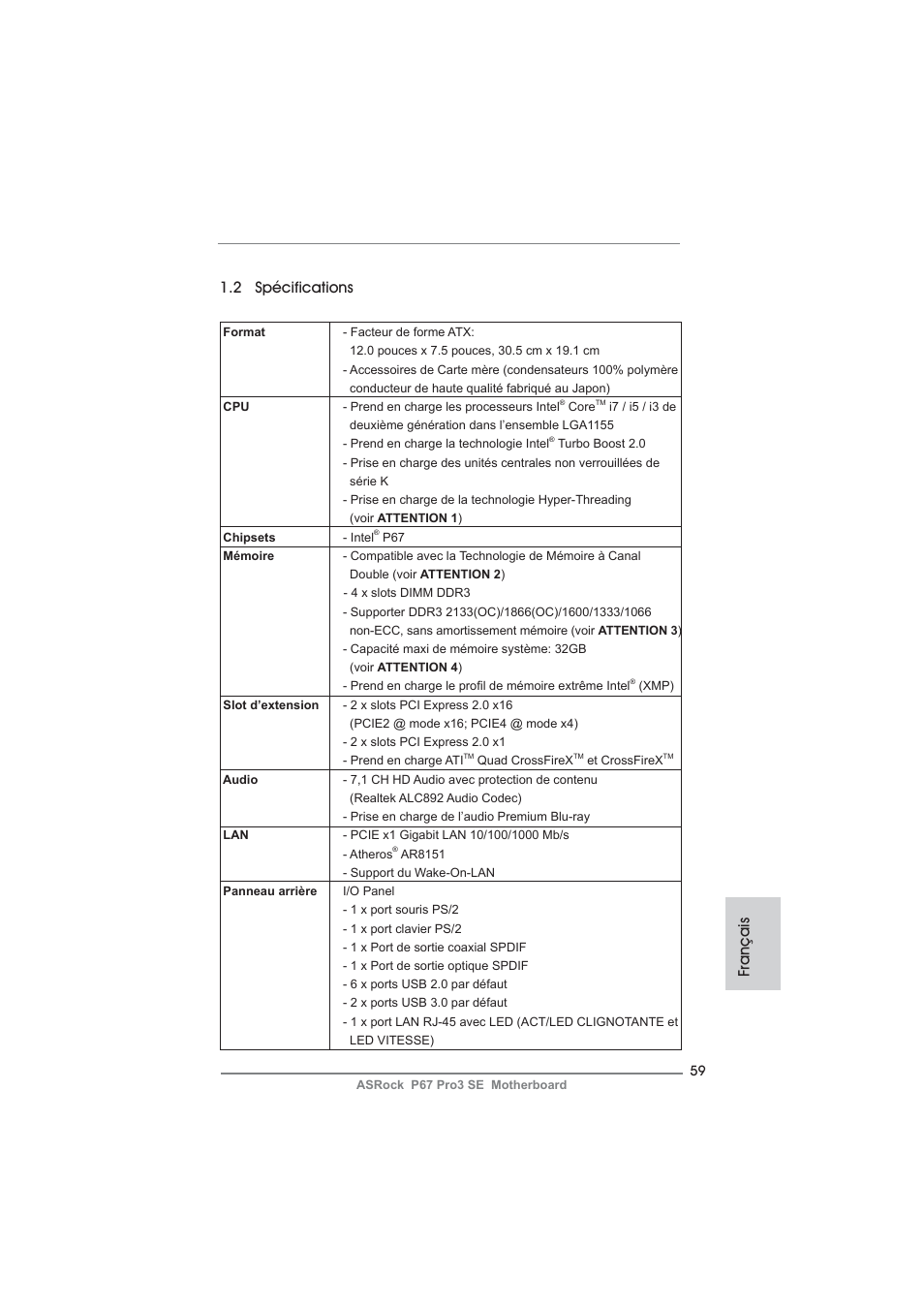 2 spécifications, Français | ASRock P67 Pro3 SE User Manual | Page 59 / 277