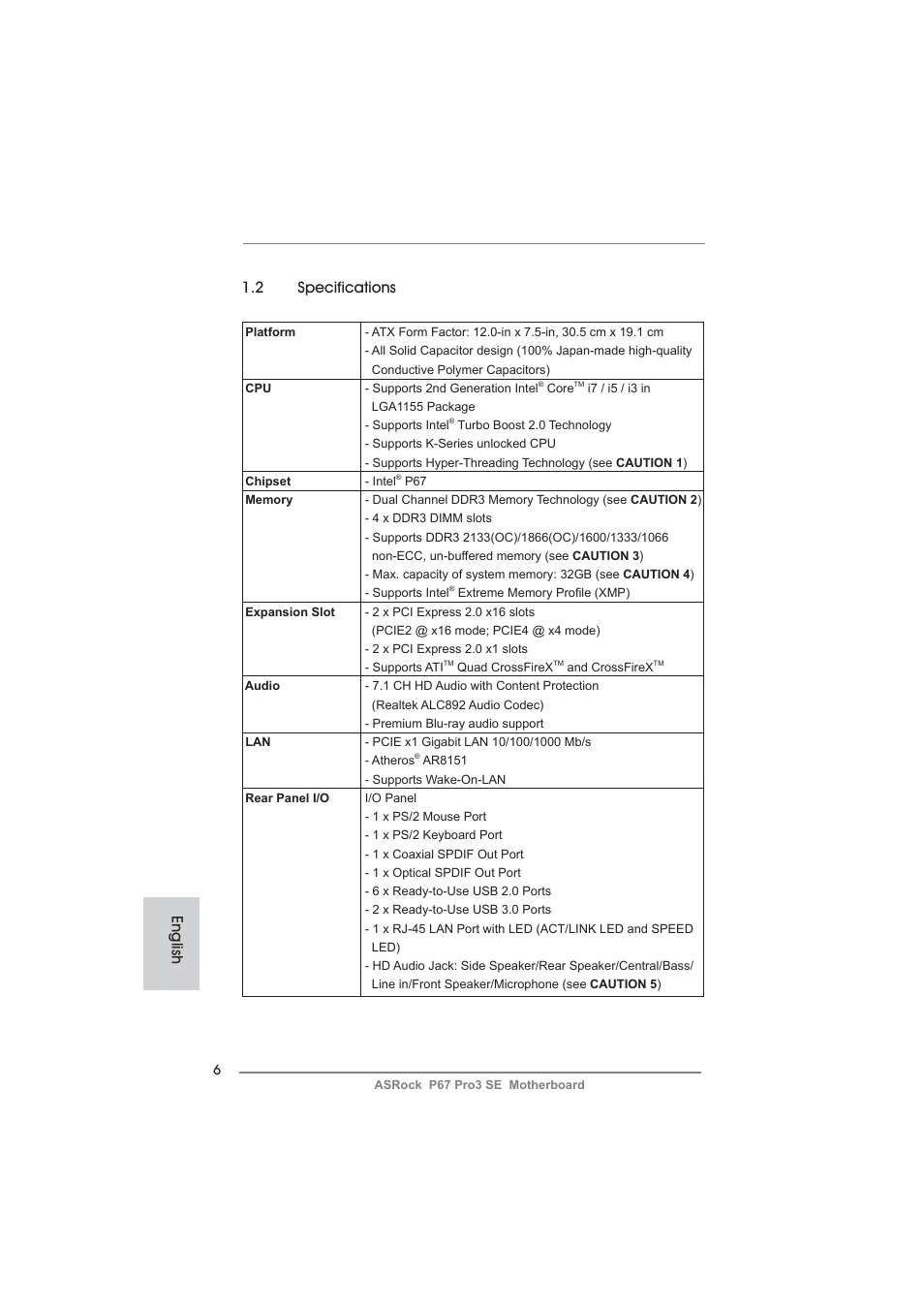 English 1.2 specifications | ASRock P67 Pro3 SE User Manual | Page 6 / 277