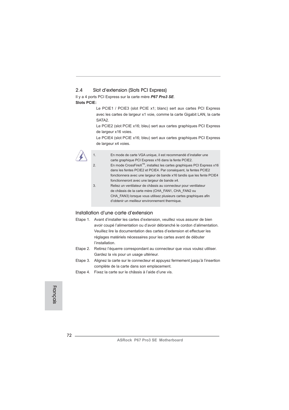 4 slot d’extension (slots pci express), Installation d’une carte d’extension, Français | ASRock P67 Pro3 SE User Manual | Page 72 / 277