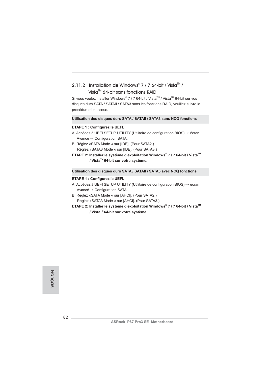 2 installation de windows, 7 / 7 64-bit / vista, Vista | Bit sans fonctions raid, Français | ASRock P67 Pro3 SE User Manual | Page 82 / 277