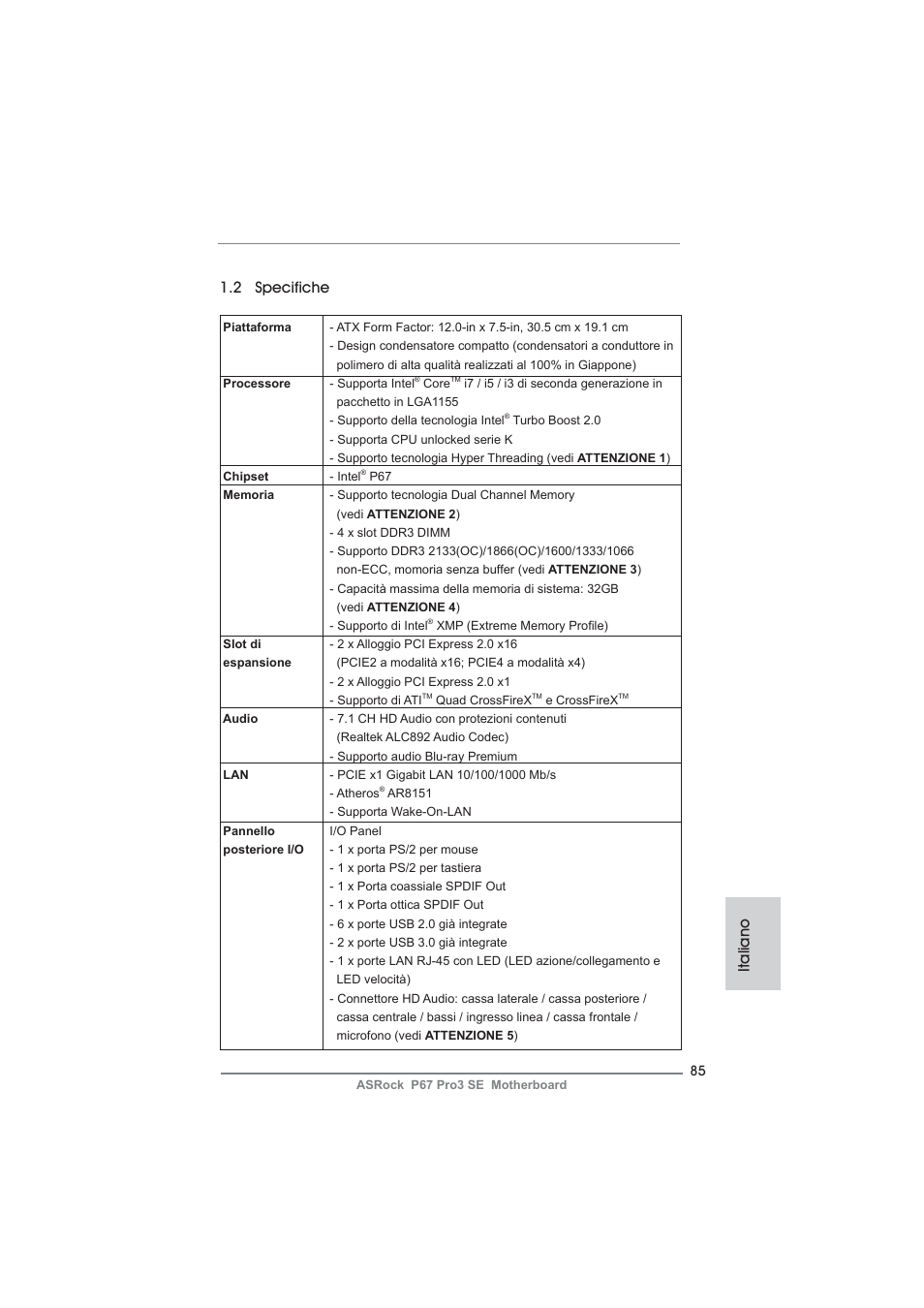 2 specifiche, Italiano | ASRock P67 Pro3 SE User Manual | Page 85 / 277