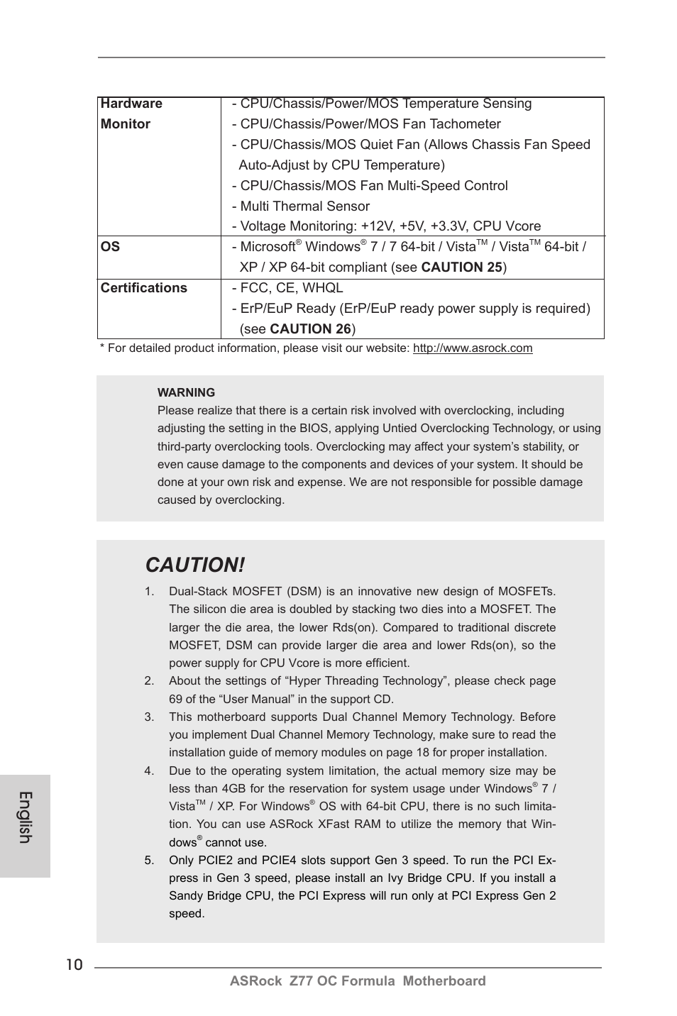 Caution, English | ASRock Z77 OC Formula User Manual | Page 10 / 270