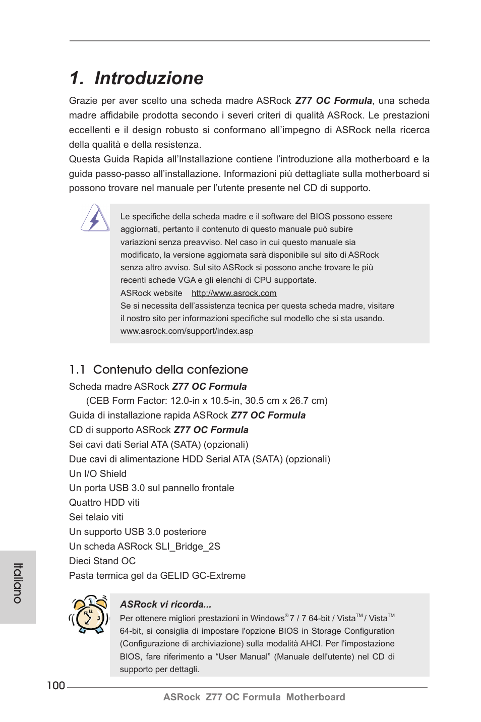 Italian, Introduzione, 1 contenuto della confezione | Italiano | ASRock Z77 OC Formula User Manual | Page 100 / 270