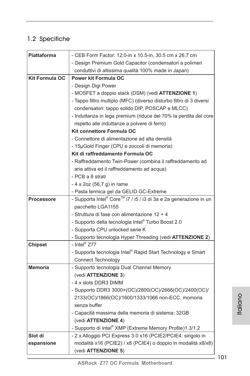 Italiano 1.2 specifiche | ASRock Z77 OC Formula User Manual | Page 101 / 270