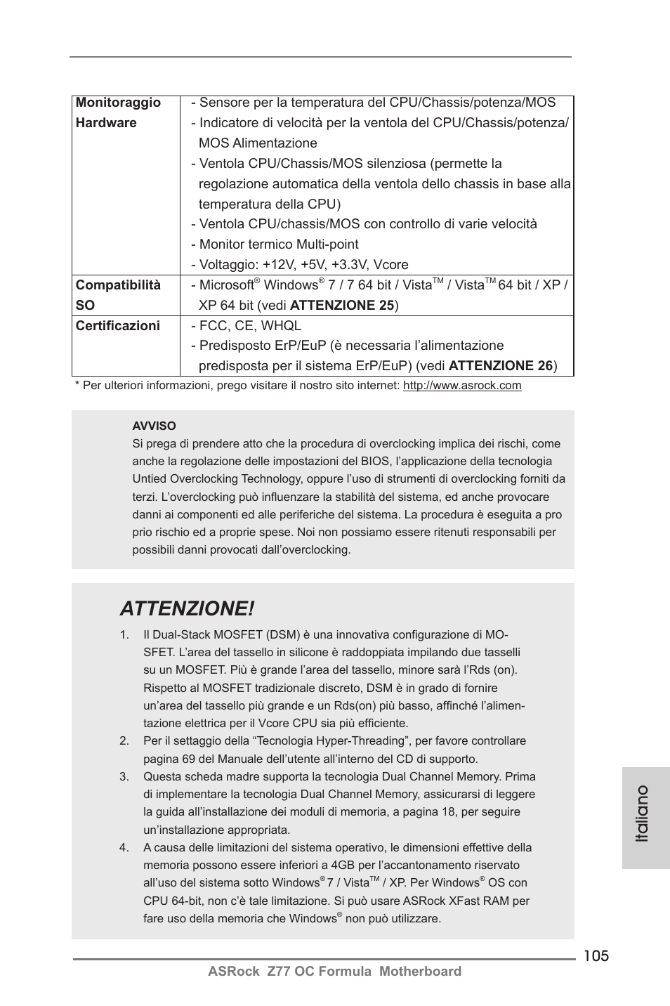 Attenzione, Italiano | ASRock Z77 OC Formula User Manual | Page 105 / 270