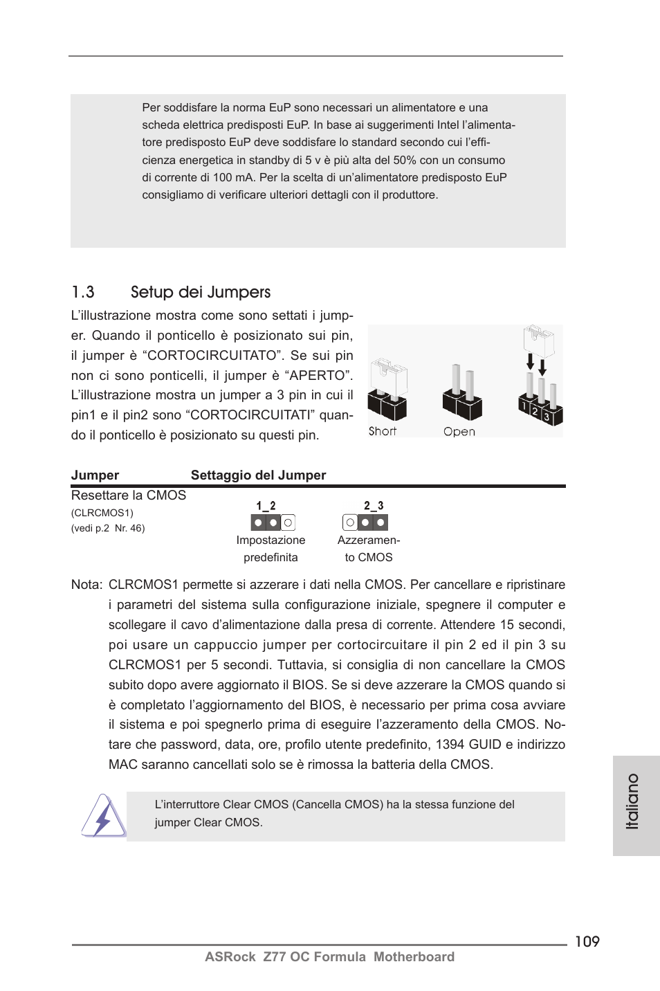 Italiano 1.3 setup dei jumpers | ASRock Z77 OC Formula User Manual | Page 109 / 270