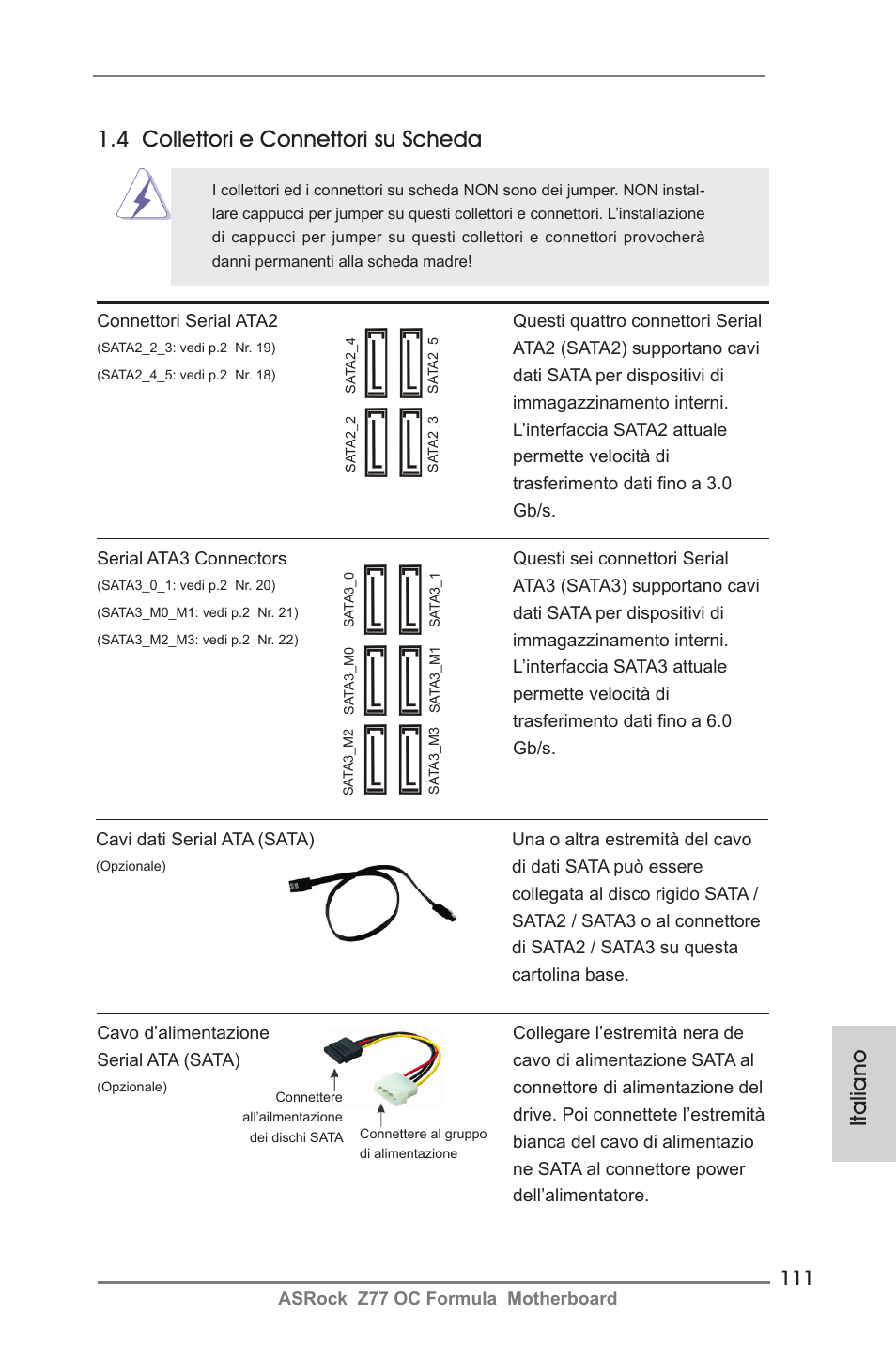 Italiano 1.4 collettori e connettori su scheda | ASRock Z77 OC Formula User Manual | Page 111 / 270