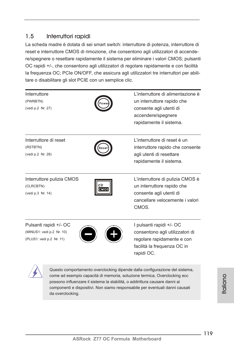 Italiano 1.5 interruttori rapidi | ASRock Z77 OC Formula User Manual | Page 119 / 270
