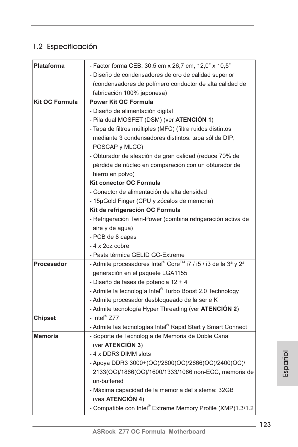 Español 1.2 especificación | ASRock Z77 OC Formula User Manual | Page 123 / 270