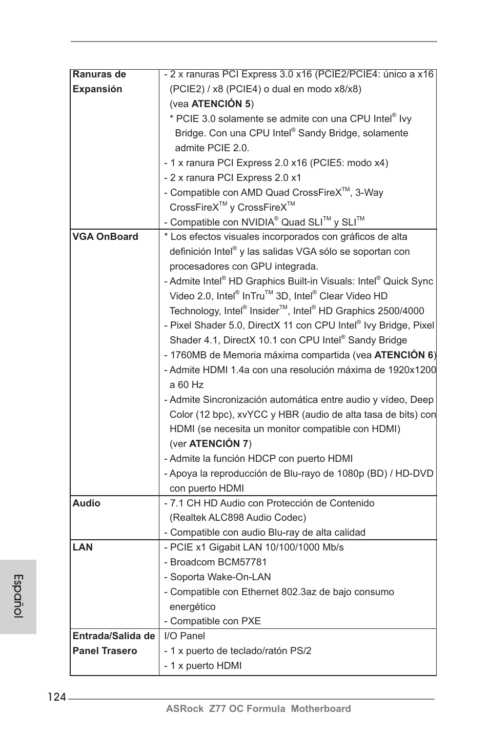 Español | ASRock Z77 OC Formula User Manual | Page 124 / 270
