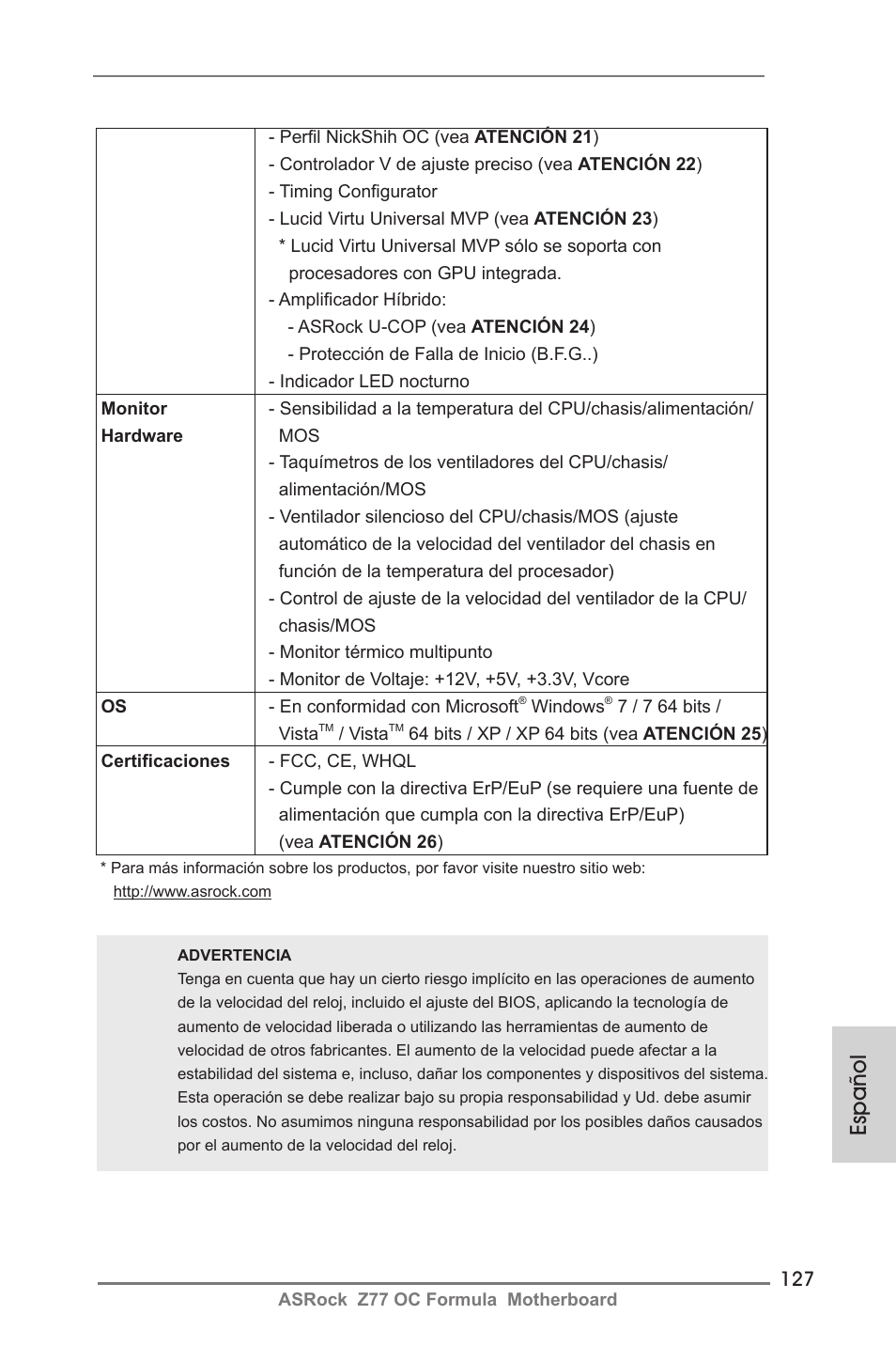 Español | ASRock Z77 OC Formula User Manual | Page 127 / 270