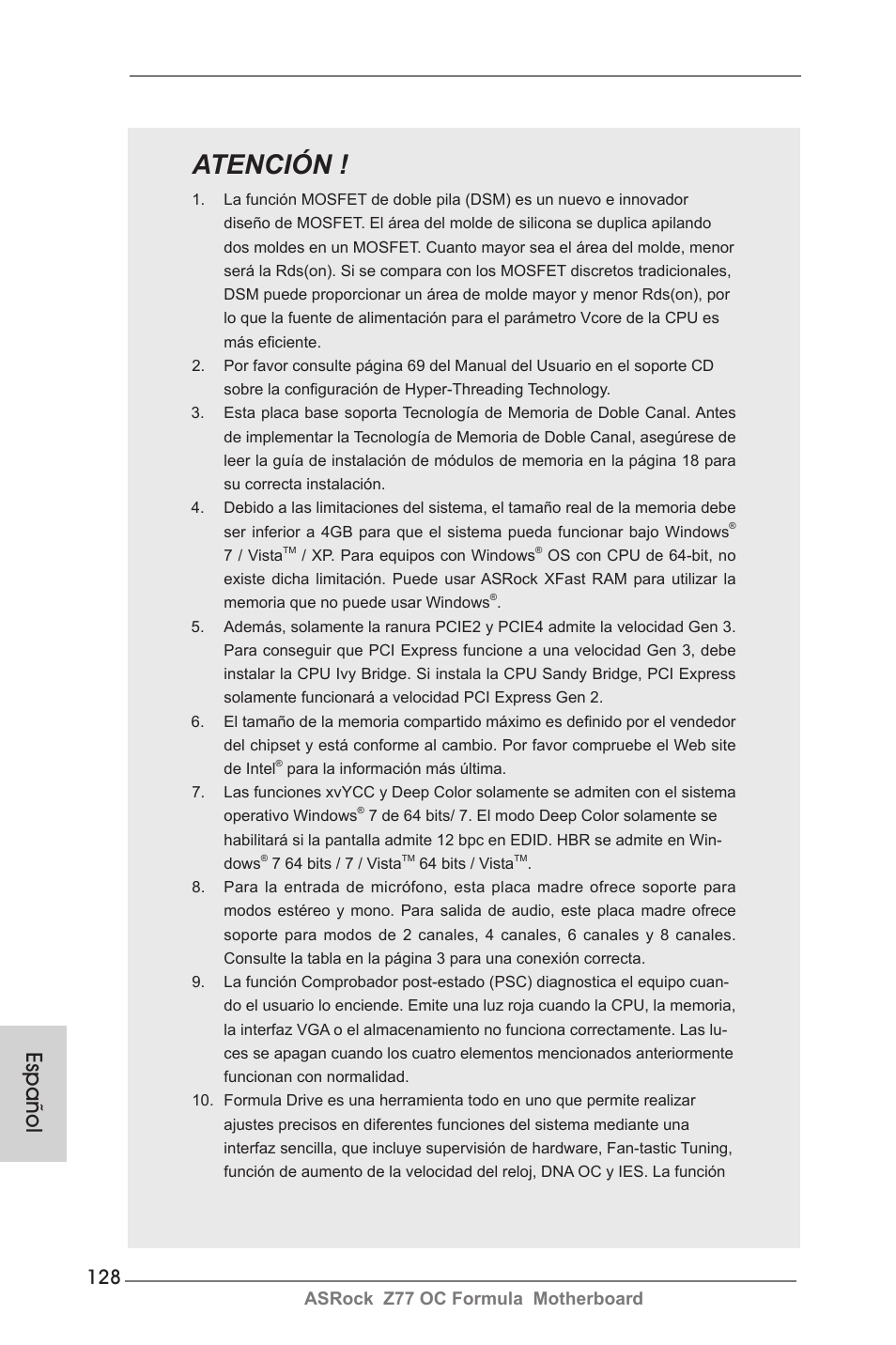 Atención, Español, Asrock z77 oc formula motherboard | ASRock Z77 OC Formula User Manual | Page 128 / 270