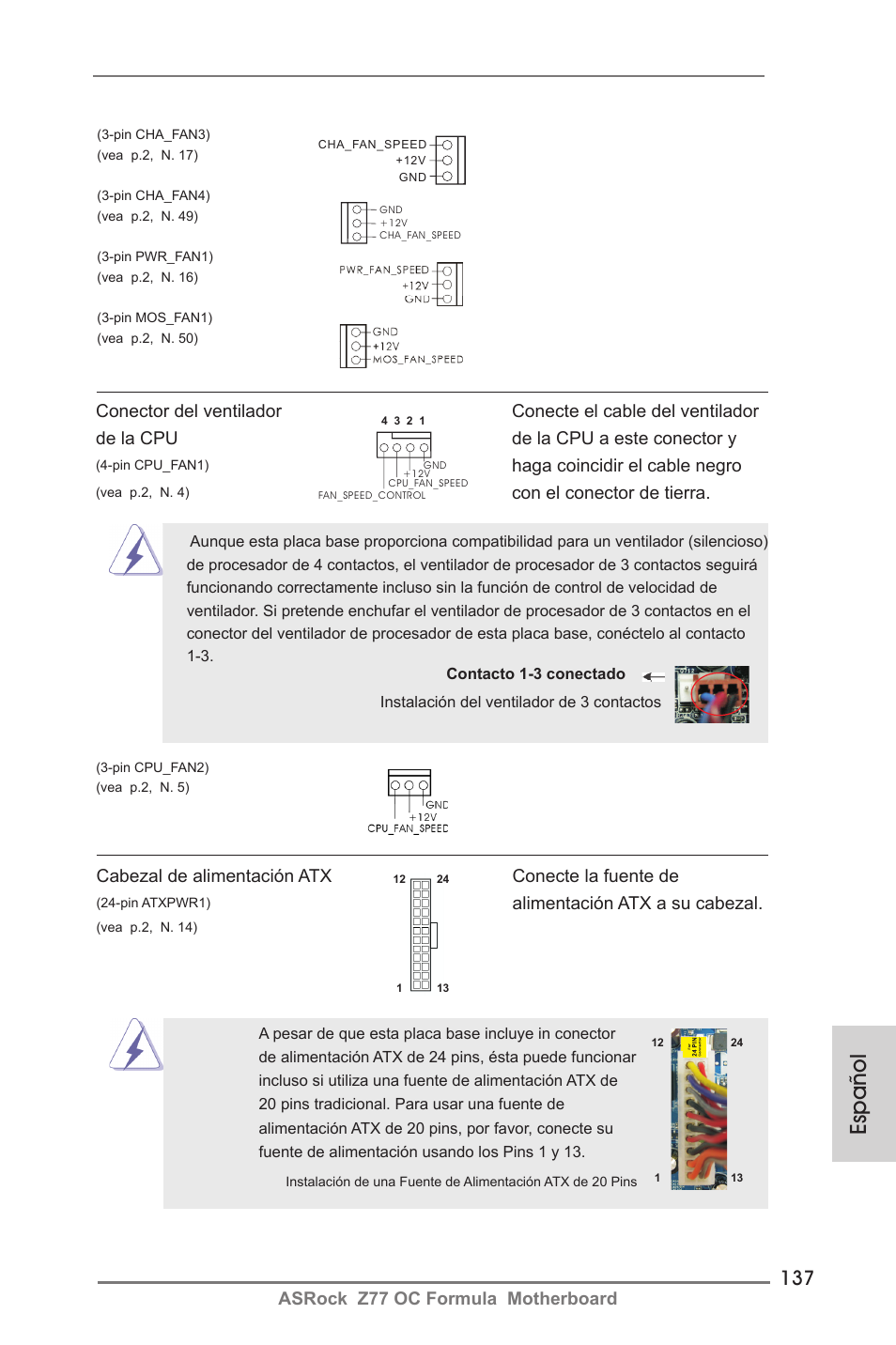 Español, Asrock z77 oc formula motherboard, Cabezal de alimentación atx conecte la fuente de | Alimentación atx a su cabezal, Haga coincidir el cable negro, Con el conector de tierra | ASRock Z77 OC Formula User Manual | Page 137 / 270