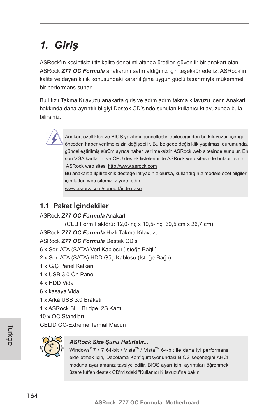 Turkish, Giriş, 1 paket içindekiler | Türkçe | ASRock Z77 OC Formula User Manual | Page 164 / 270
