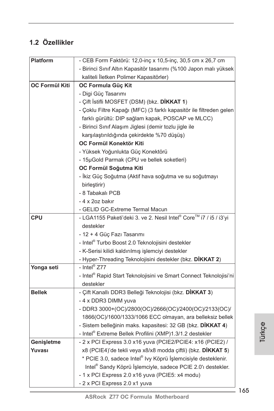 Türkçe, 2 özellikler | ASRock Z77 OC Formula User Manual | Page 165 / 270