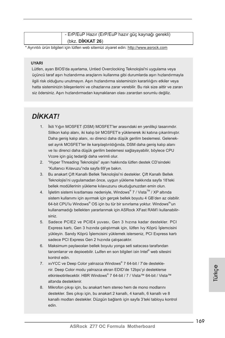 Dikkat, Türkçe | ASRock Z77 OC Formula User Manual | Page 169 / 270