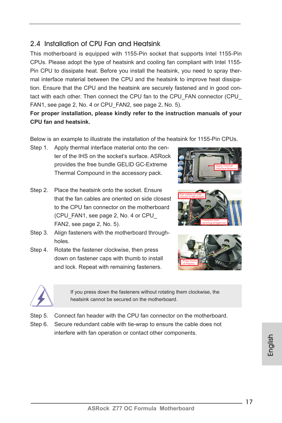 English 2.4 installation of cpu fan and heatsink | ASRock Z77 OC Formula User Manual | Page 17 / 270