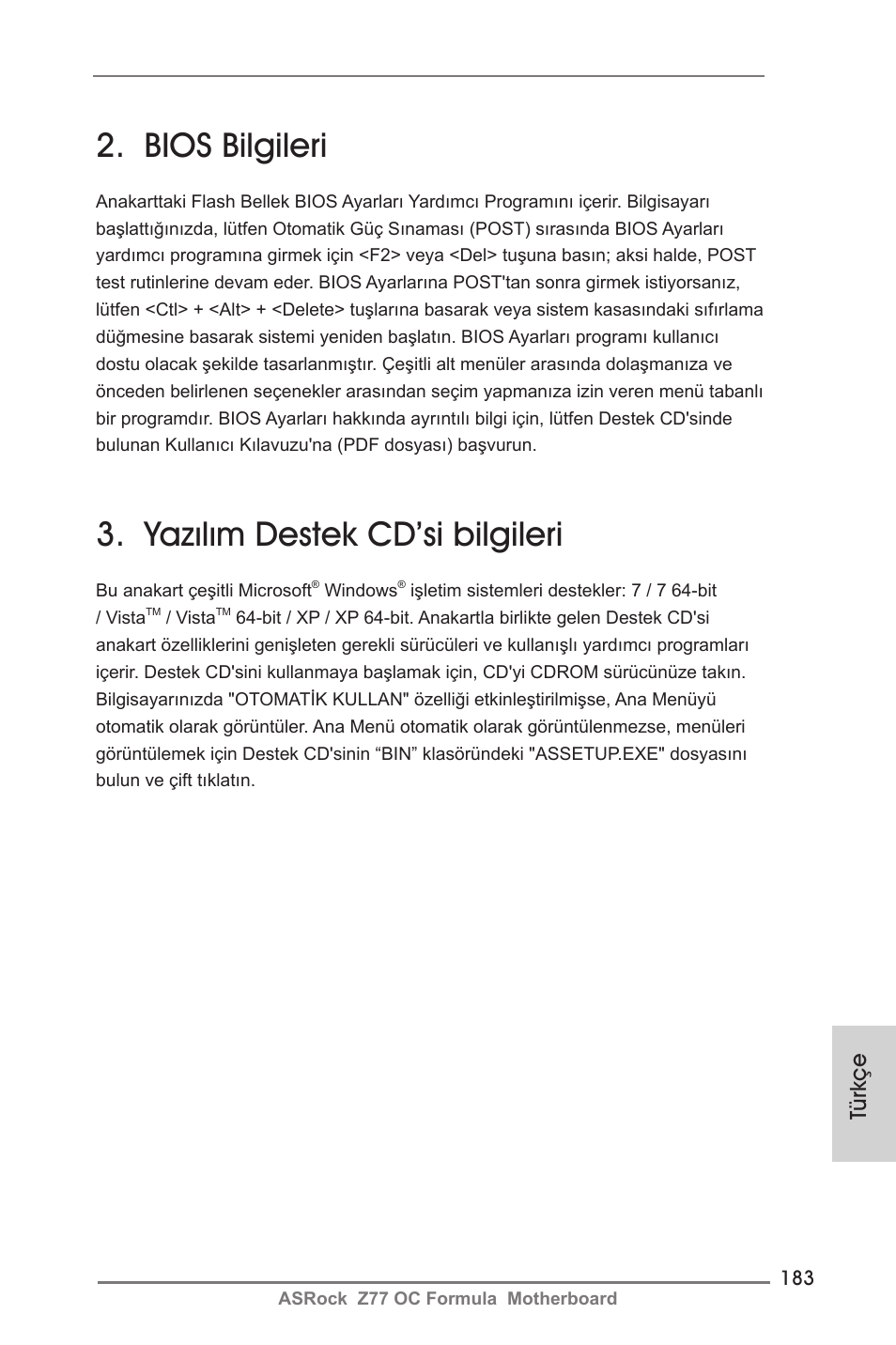 Bios bilgileri, Yazılım destek cd’si bilgileri, Türkçe | ASRock Z77 OC Formula User Manual | Page 183 / 270
