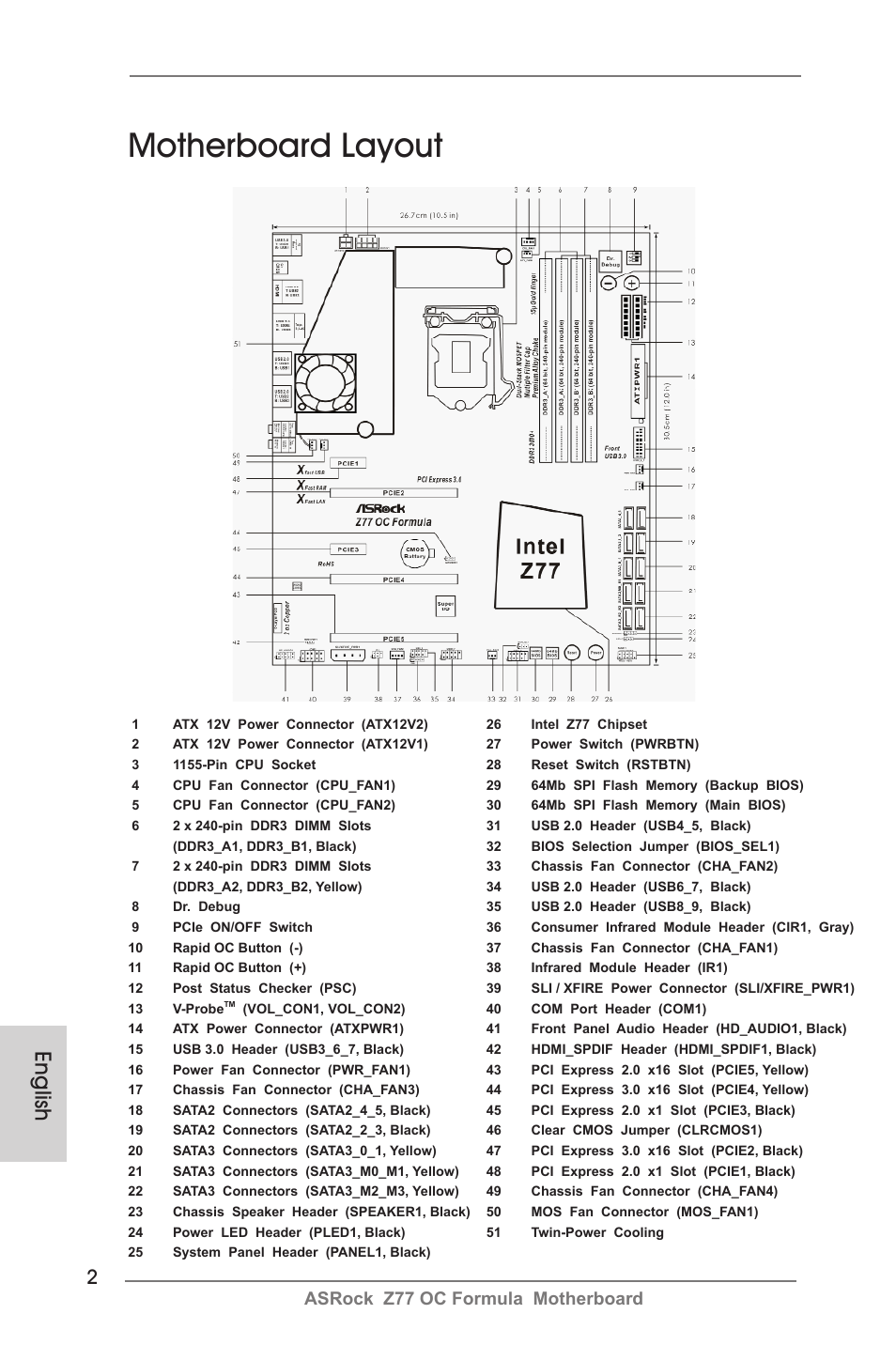 Motherboard layout, English, Asrock z77 oc formula motherboard | ASRock Z77 OC Formula User Manual | Page 2 / 270