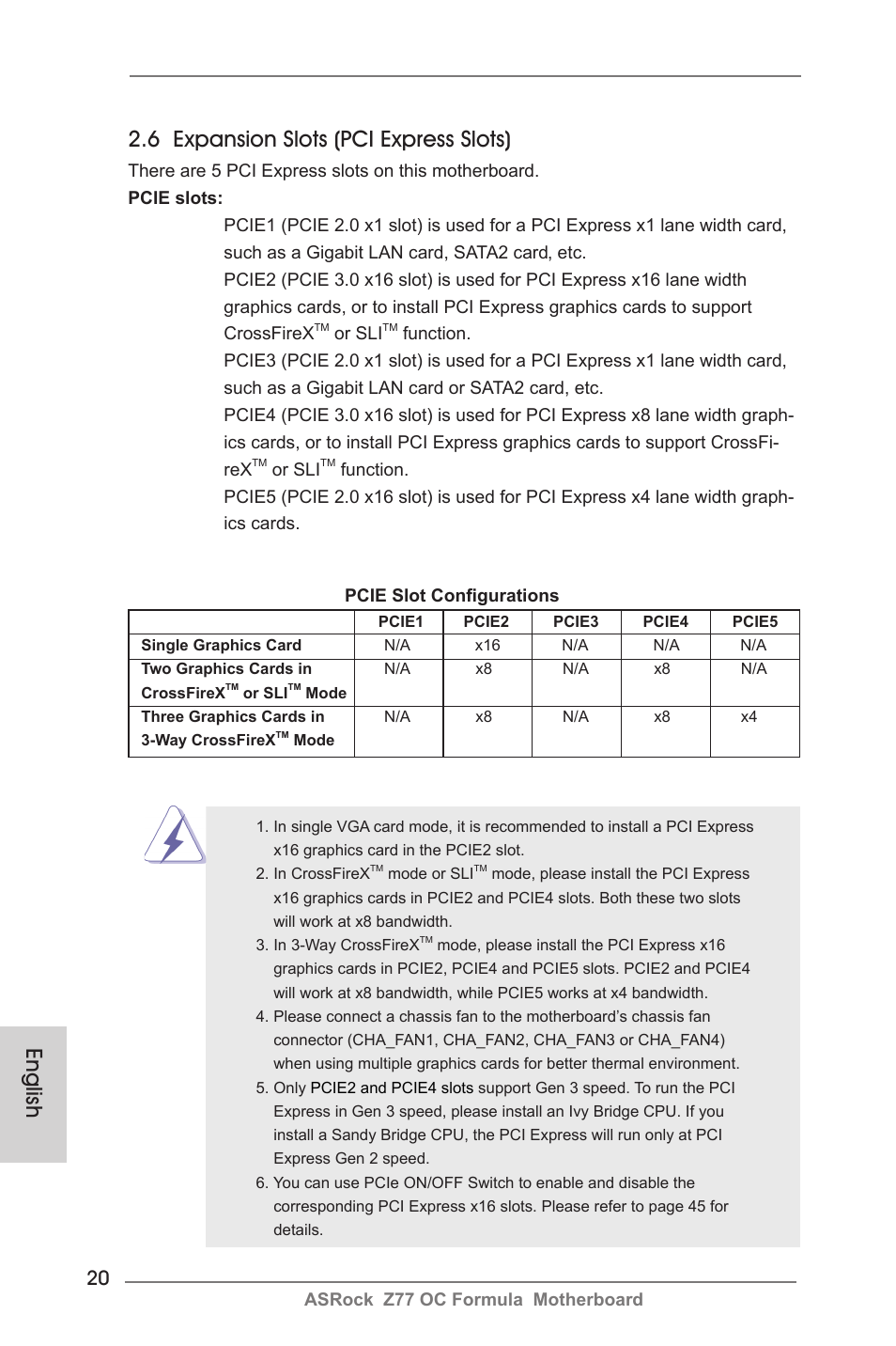 English 2.6 expansion slots (pci express slots) | ASRock Z77 OC Formula User Manual | Page 20 / 270