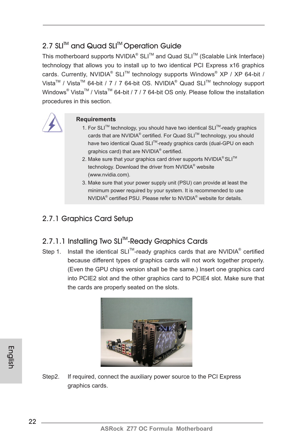 English 2.7 sli, And quad sli, Operation guide | Ready graphics cards | ASRock Z77 OC Formula User Manual | Page 22 / 270