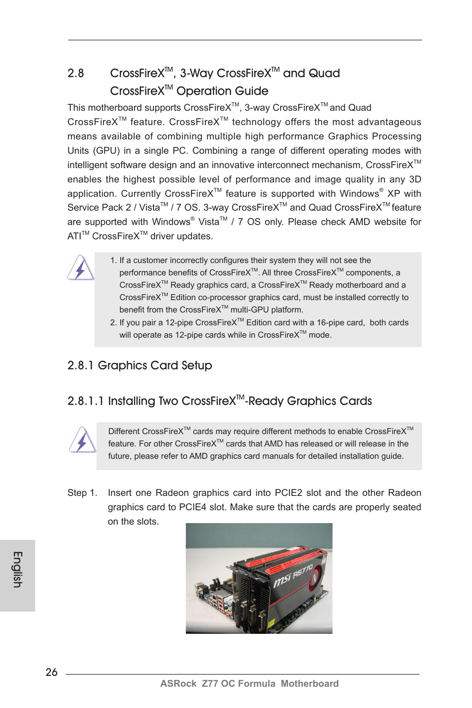 English, 8 crossfirex, Way crossfirex | And quad crossfirex, Operation guide, Ready graphics cards | ASRock Z77 OC Formula User Manual | Page 26 / 270