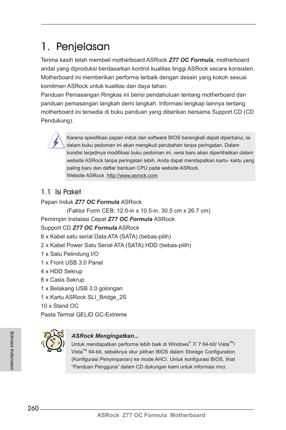 Indonesian, Penjelasan, 1 isi paket | ASRock Z77 OC Formula User Manual | Page 260 / 270