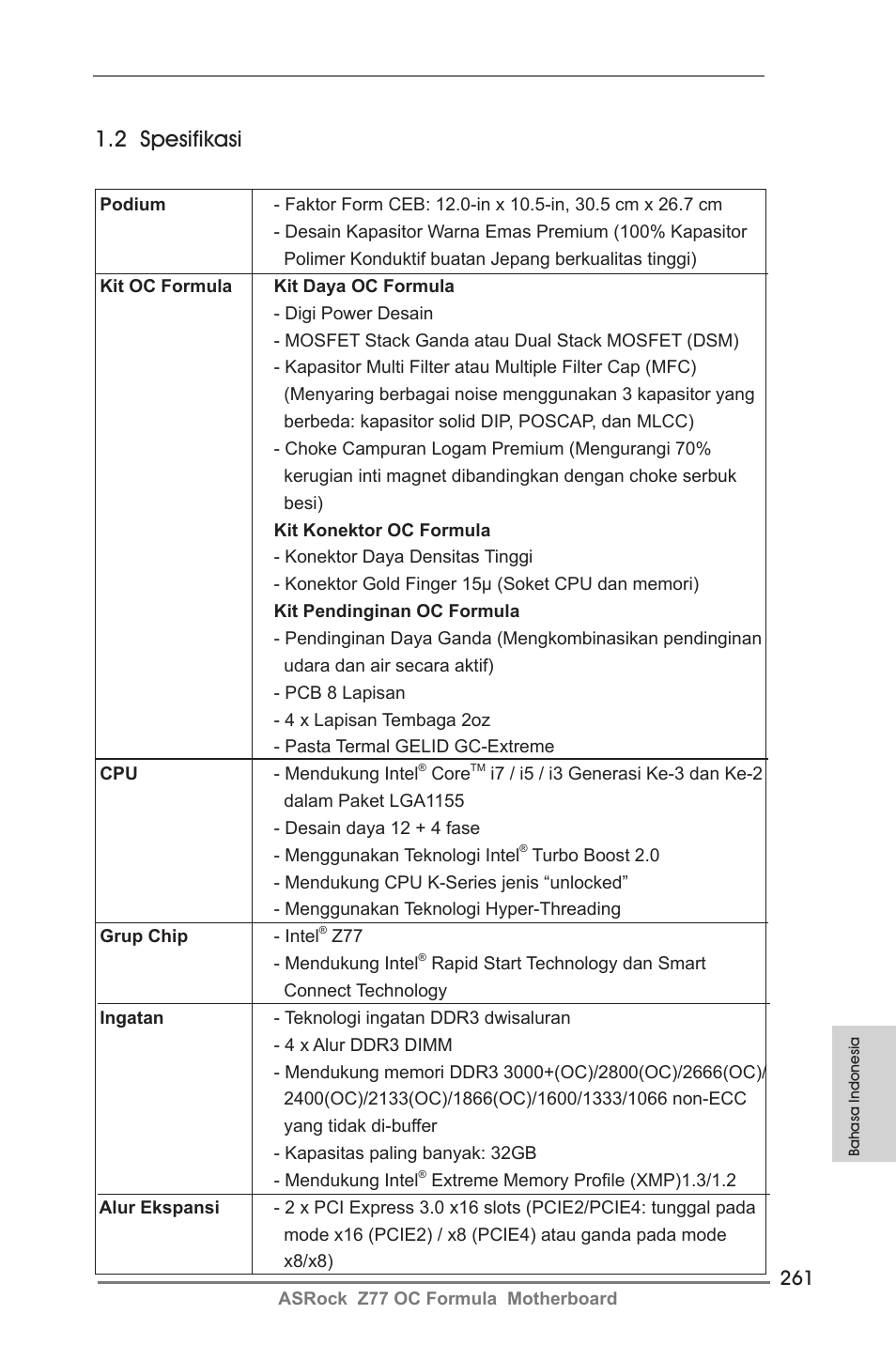 2 spesifikasi | ASRock Z77 OC Formula User Manual | Page 261 / 270