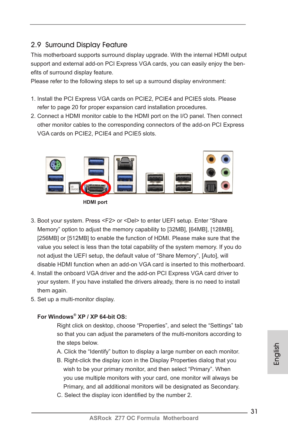 English 2.9 surround display feature | ASRock Z77 OC Formula User Manual | Page 31 / 270
