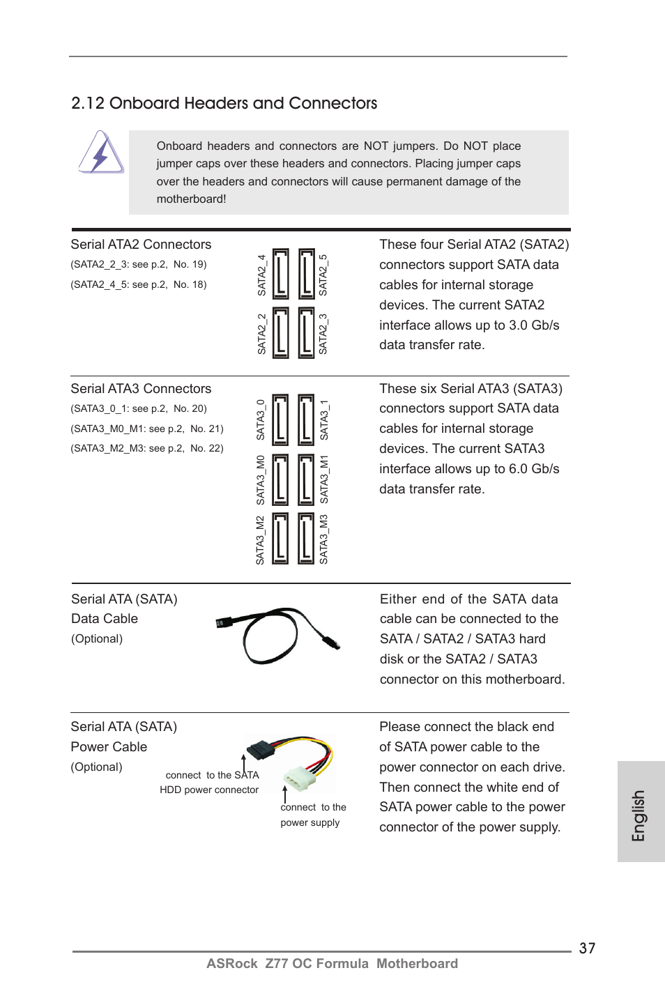 English 2.12 onboard headers and connectors | ASRock Z77 OC Formula User Manual | Page 37 / 270