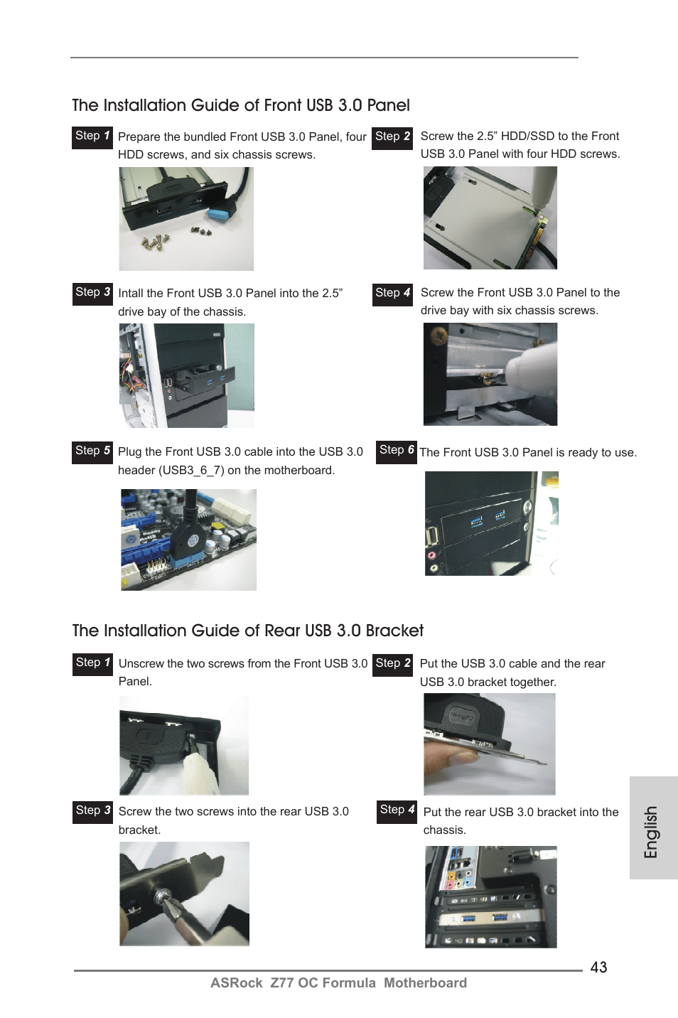 The installation guide of rear usb 3.0 bracket | ASRock Z77 OC Formula User Manual | Page 43 / 270