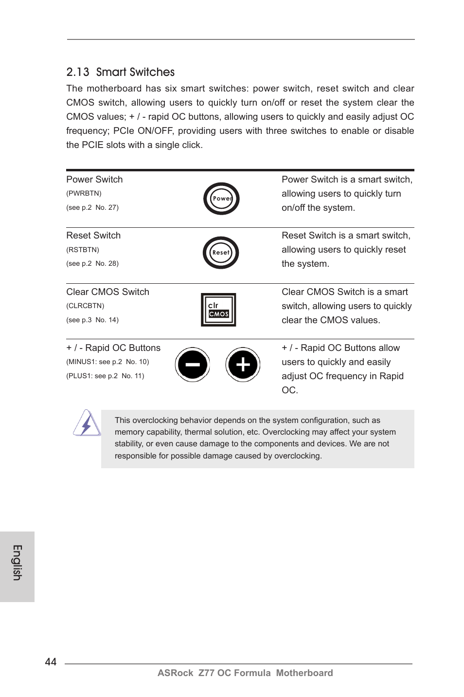 13 smart switches, English | ASRock Z77 OC Formula User Manual | Page 44 / 270