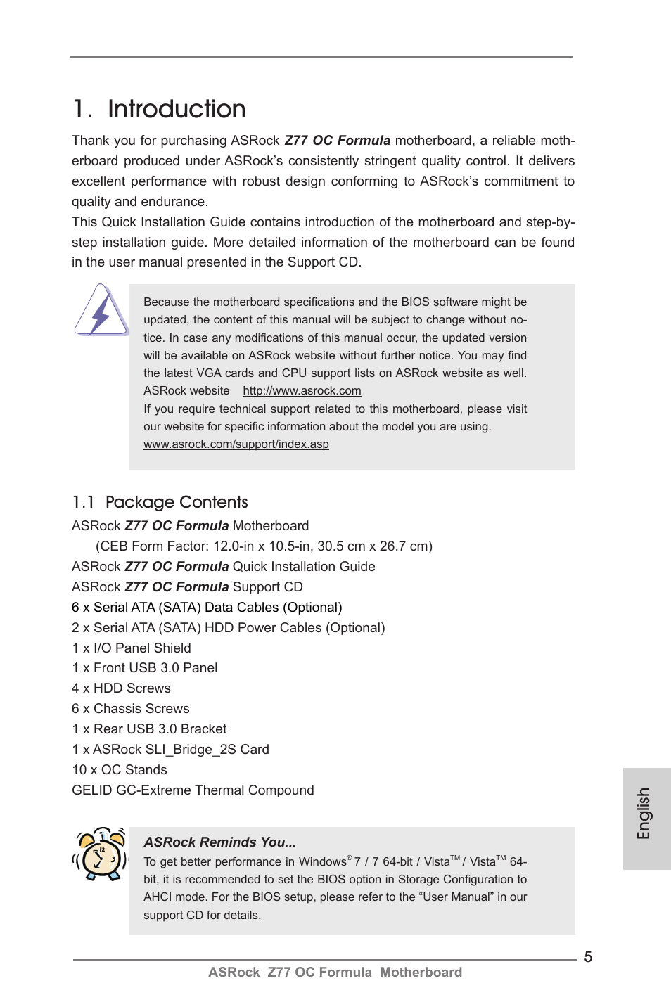 Introduction, 1 package contents, English | ASRock Z77 OC Formula User Manual | Page 5 / 270