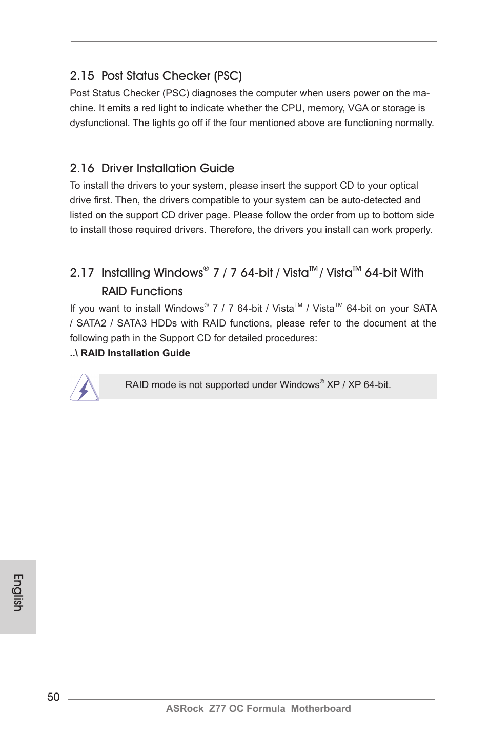 English 2.16 driver installation guide, 17 installing windows, 7 / 7 64-bit / vista | Vista, Bit with raid functions, 15 post status checker (psc) | ASRock Z77 OC Formula User Manual | Page 50 / 270