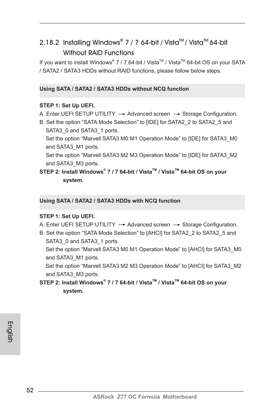 English, 2 installing windows, 7 / 7 64-bit / vista | Vista, Bit without raid functions | ASRock Z77 OC Formula User Manual | Page 52 / 270
