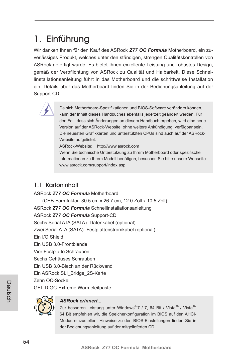 German, Einführung, 1 kartoninhalt | Deutsch | ASRock Z77 OC Formula User Manual | Page 54 / 270