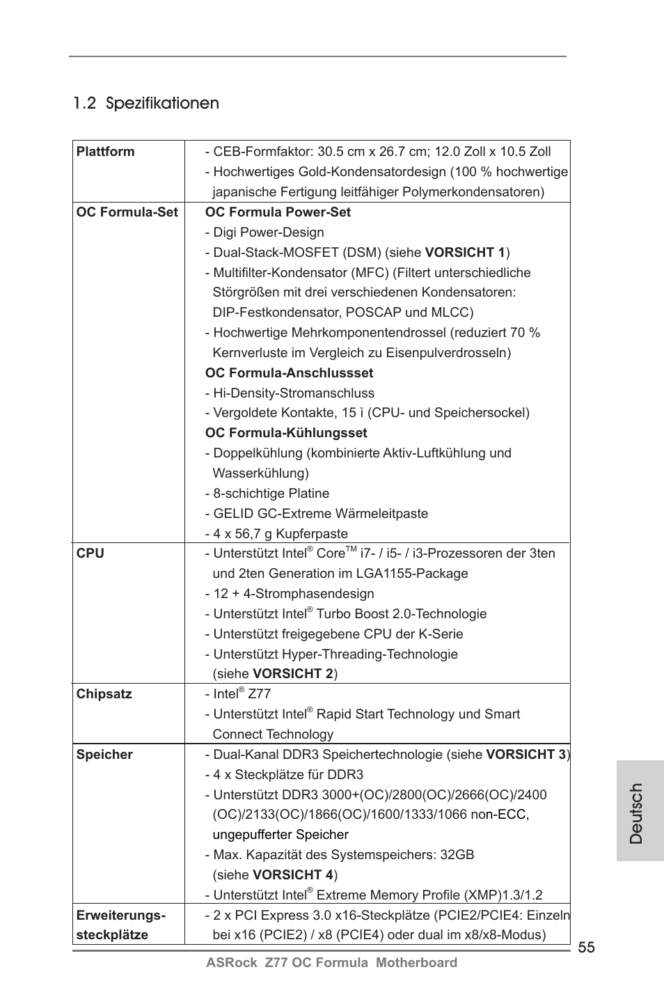 Deutsch 1.2 spezifikationen | ASRock Z77 OC Formula User Manual | Page 55 / 270
