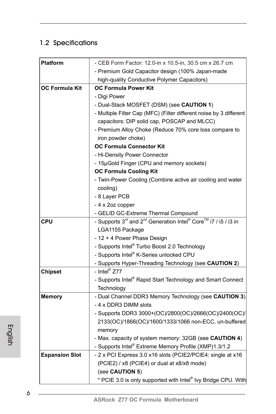 English 1.2 specifications | ASRock Z77 OC Formula User Manual | Page 6 / 270