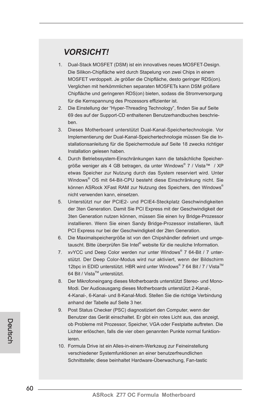 Vorsicht, Deutsch | ASRock Z77 OC Formula User Manual | Page 60 / 270