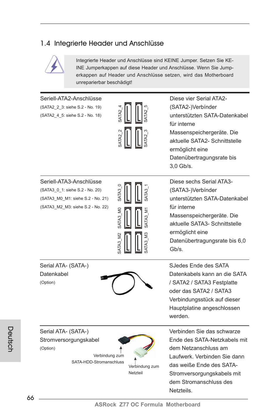 Deutsch, 4 integrierte header und anschlüsse | ASRock Z77 OC Formula User Manual | Page 66 / 270