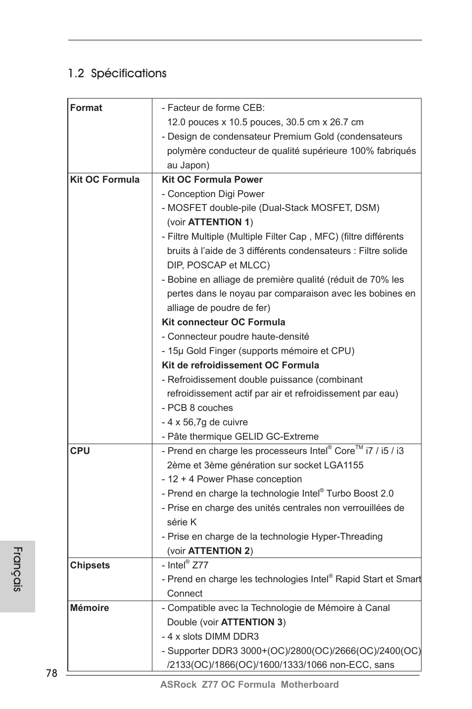 Français 1.2 spécifications | ASRock Z77 OC Formula User Manual | Page 78 / 270