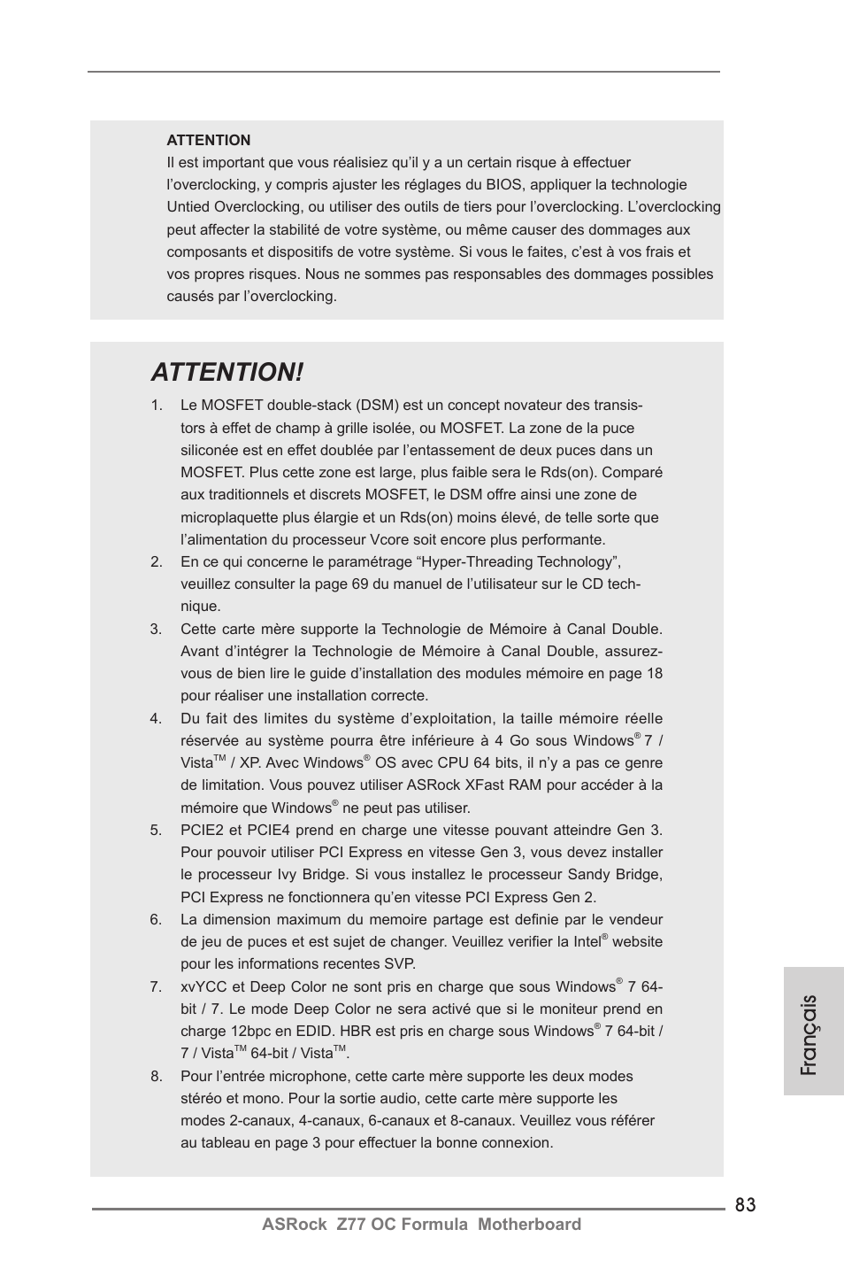 Attention, Français, Asrock z77 oc formula motherboard | ASRock Z77 OC Formula User Manual | Page 83 / 270