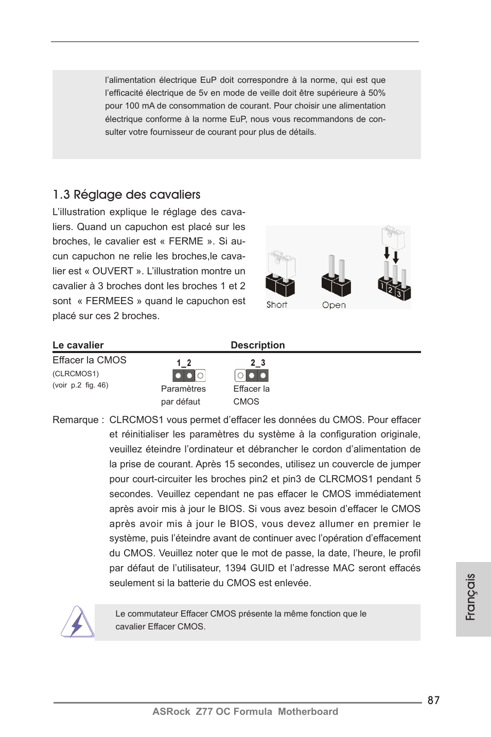Français 1.3 réglage des cavaliers | ASRock Z77 OC Formula User Manual | Page 87 / 270