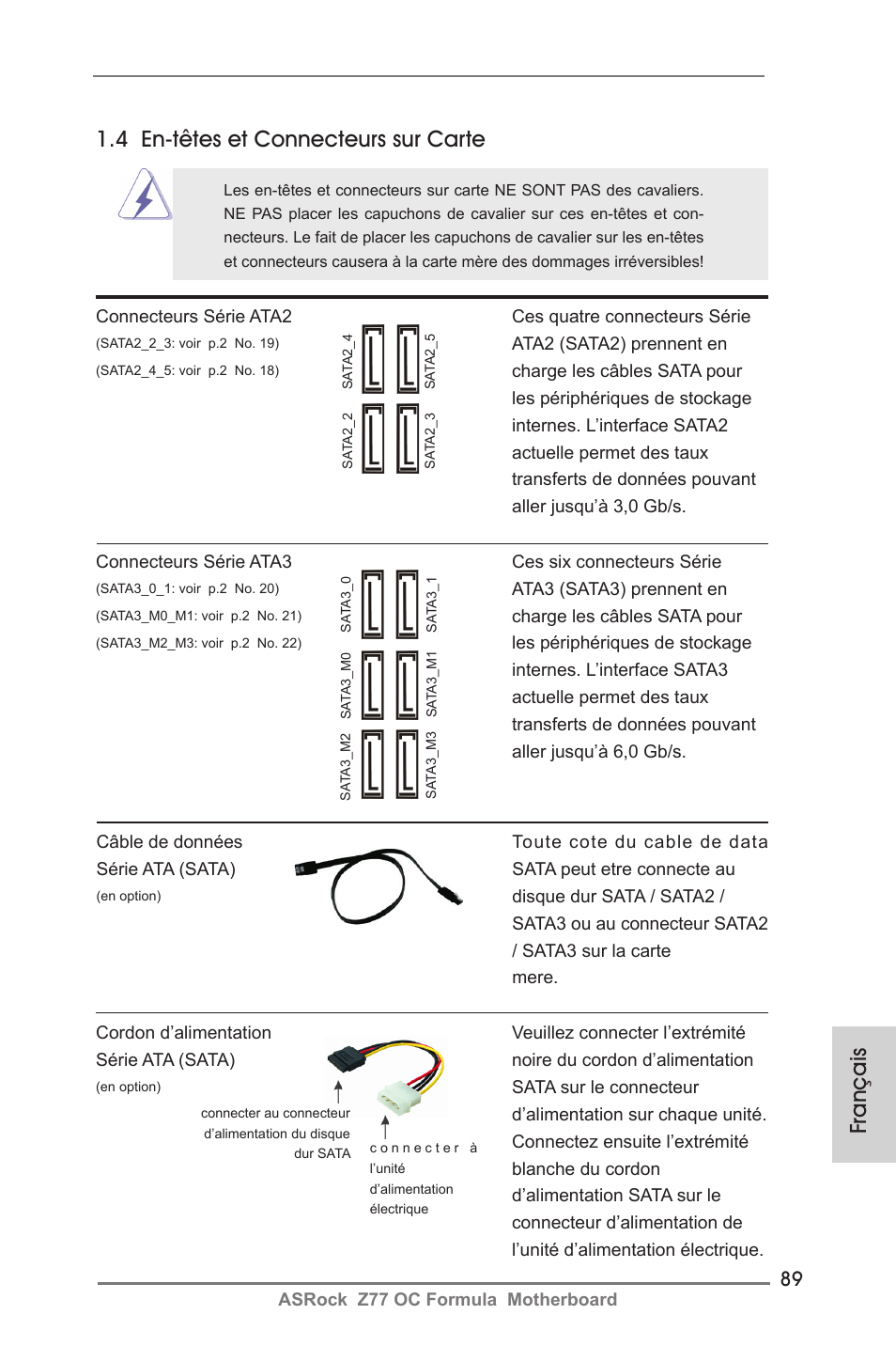 Français, 4 en-têtes et connecteurs sur carte | ASRock Z77 OC Formula User Manual | Page 89 / 270