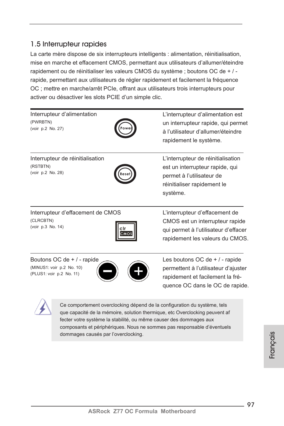 Français 1.5 interrupteur rapides | ASRock Z77 OC Formula User Manual | Page 97 / 270