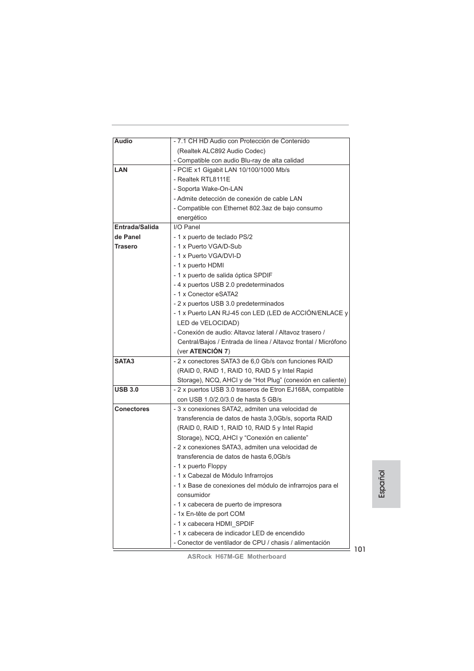 Español | ASRock H67M-GE User Manual | Page 101 / 253