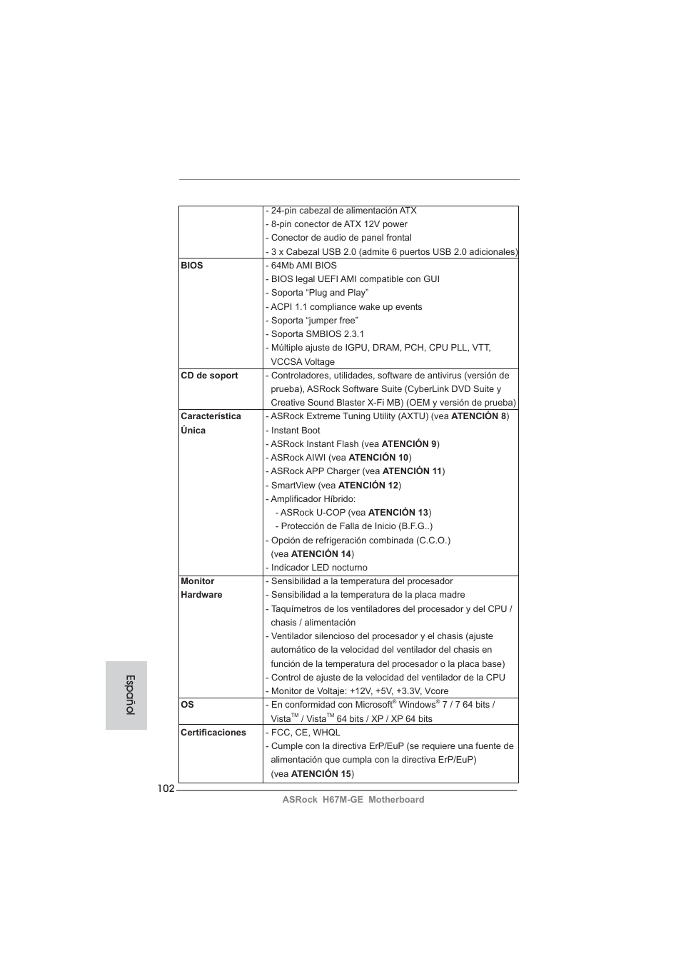 Español | ASRock H67M-GE User Manual | Page 102 / 253