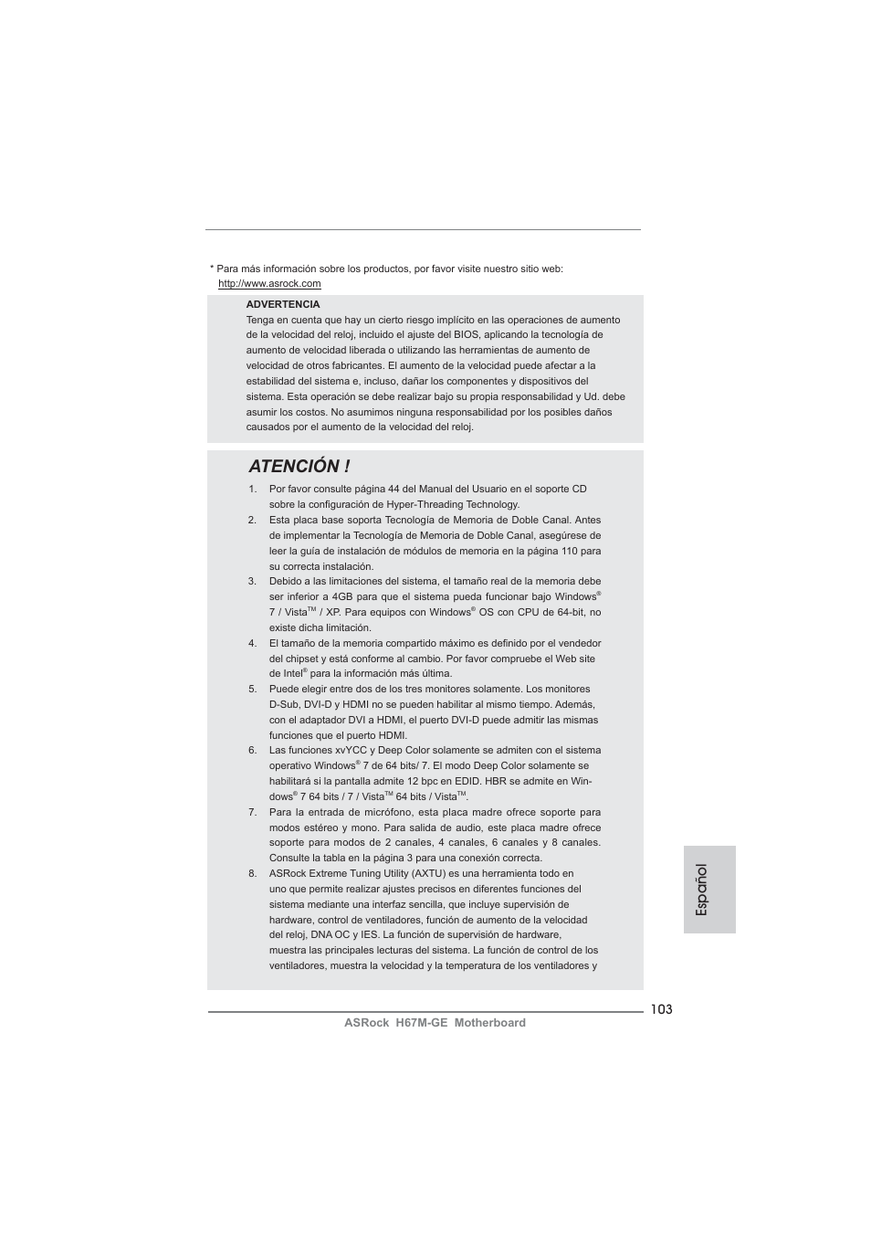 Atención, Español | ASRock H67M-GE User Manual | Page 103 / 253
