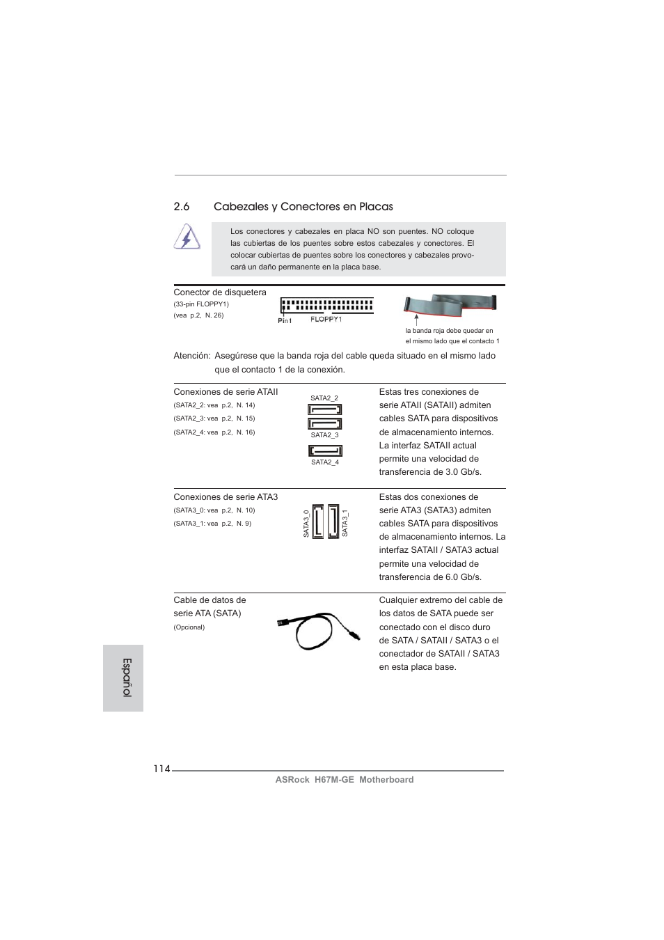 6 cabezales y conectores en placas, Español | ASRock H67M-GE User Manual | Page 114 / 253